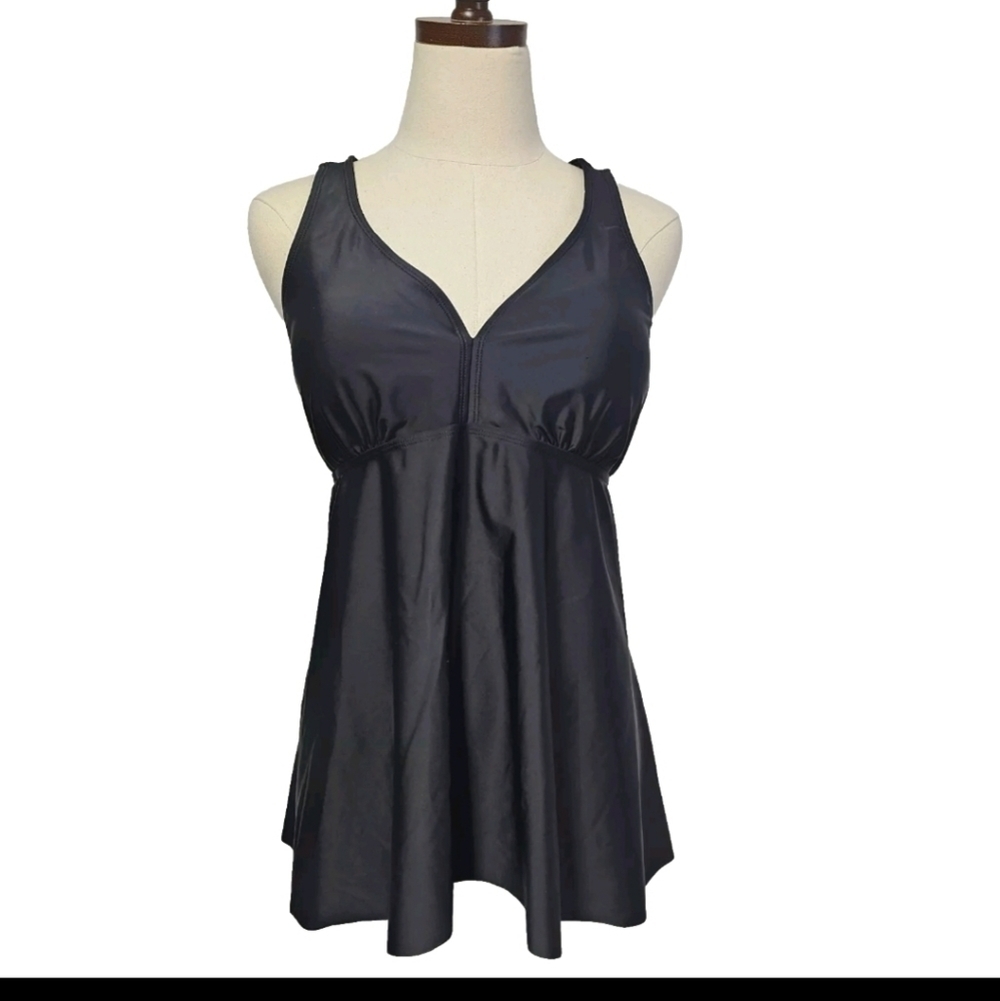 Firpearl Womens Black Tankini Cross Back Flowy Swim Top Modest Swimwear Size 14